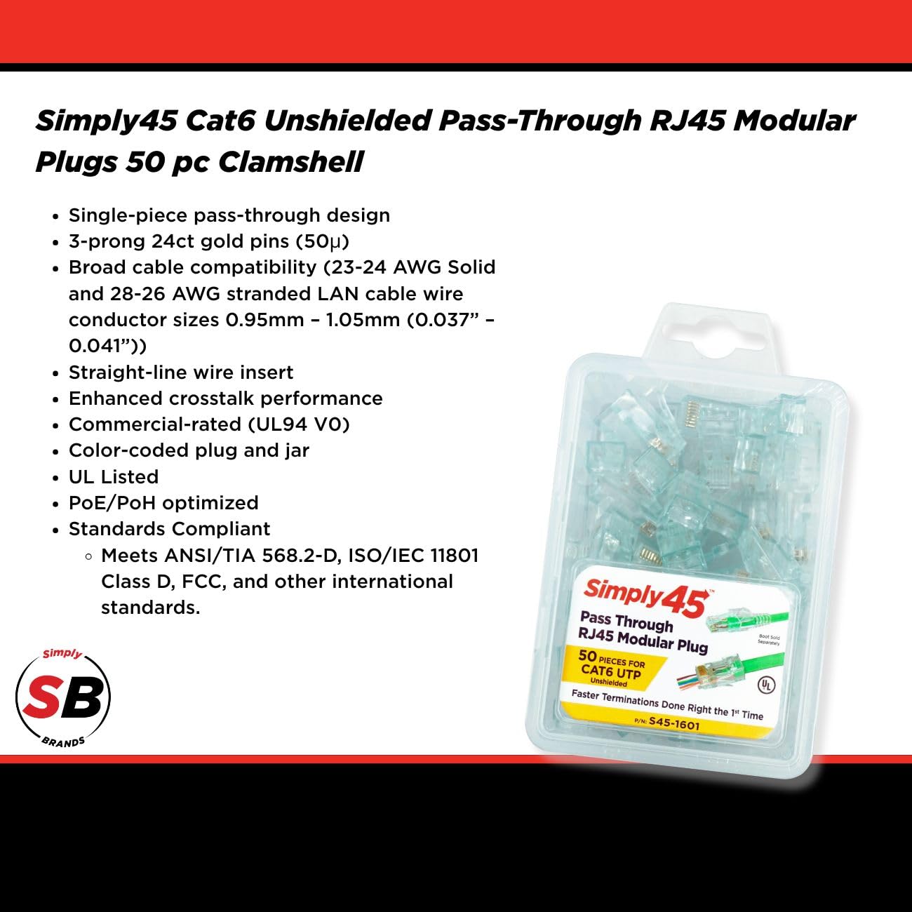 Simply45 Unshielded Pass-Through RJ45 Modular Plugs for 23AWG Solid (Cat6 UTP), 26-24AWG Stranded (Cat5e/6 UTP Stranded) - Green Connectors, 50-Piece - S45-1601