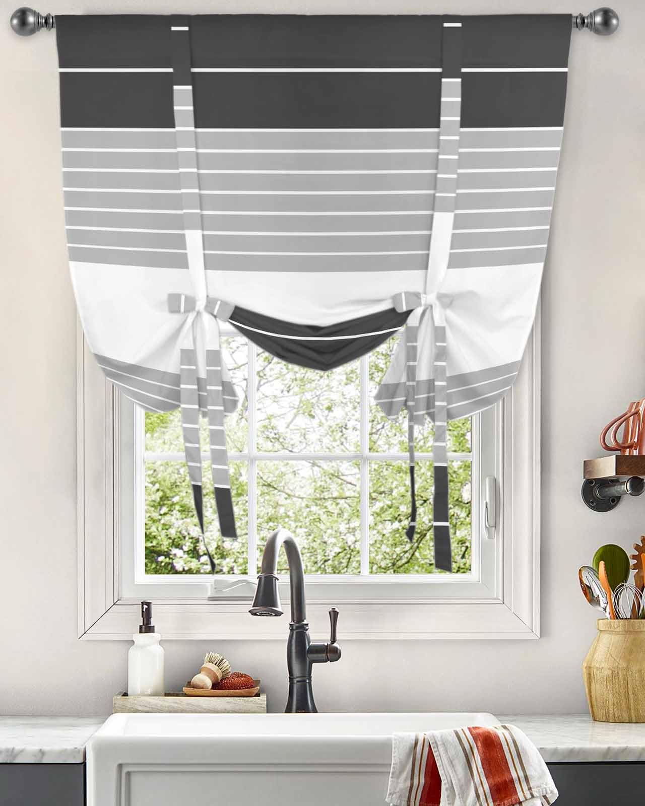 Black Grey Stripe Tie Up Curtains for Windows 63 Inch Length Balloon Curtains Kitchen Adjustable Balloon Window Shade Modern Art Horizontal Striped Tie Up Valance Bathroom Curtain Window 46