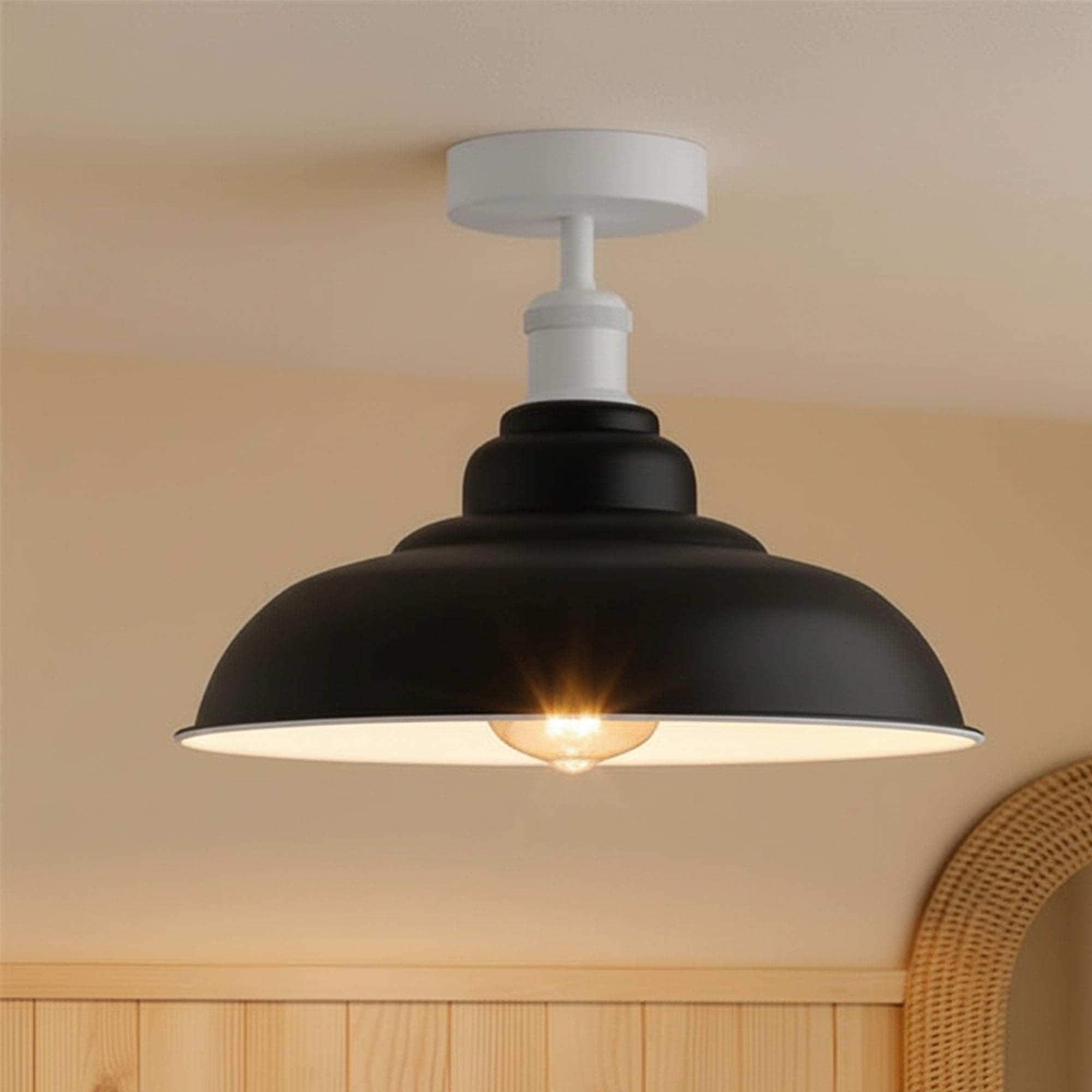 Vintage Flush Mount Ceiling Lighting E27 Holder with 32cm Black Inner White Lampshade Easy Fit Premium Quality Anti Rust Durable Metal Semi Flush Light Fitting for Kitchen Bedroom Livingroom (Black)
