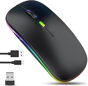 GLOBAL TECH LED Wireless Mouse, Slim Rechargeable Silent Dual Mode Mouse (BT & 2.4G), Portable USB Optical Cordless Mice with USB Receiver for Laptop, PC, Computer, iPad, Tablets, MacBook (Black)