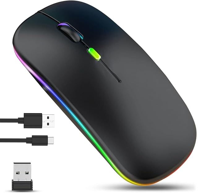 Souris sans fil GLOBAL TECH LED, souris silencieuse rechargeable slim à double mode (BT & 2,4G), souris optique sans fil portable avec récepteur USB pour portable, PC, ordinateur, iPad, tablettes, MacBook (Noir)