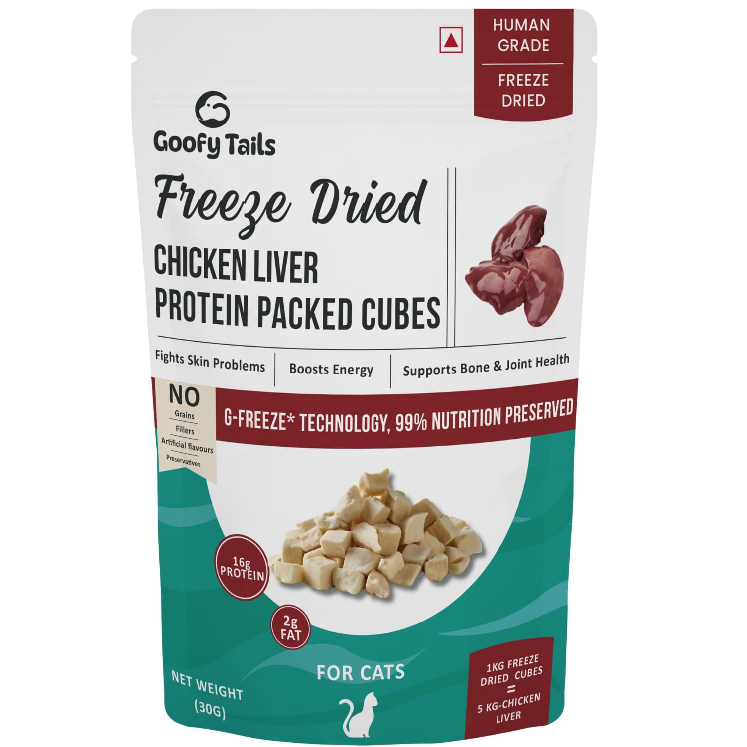 Goofy Tails Freeze Dried Chicken Liver Chunk Cat Treats 90g (30g x 3 Packs), Single Ingredient Chicken Cat Treat, Gluten and Grain Free Treats for Cats, Easy to Digest Kitten Treat