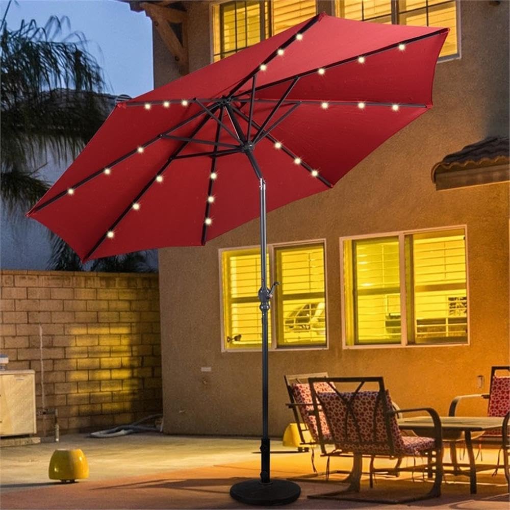 Pemberly Row 10ft Patio Solar Umbrella LED Patio Market Steel Tilt in Red