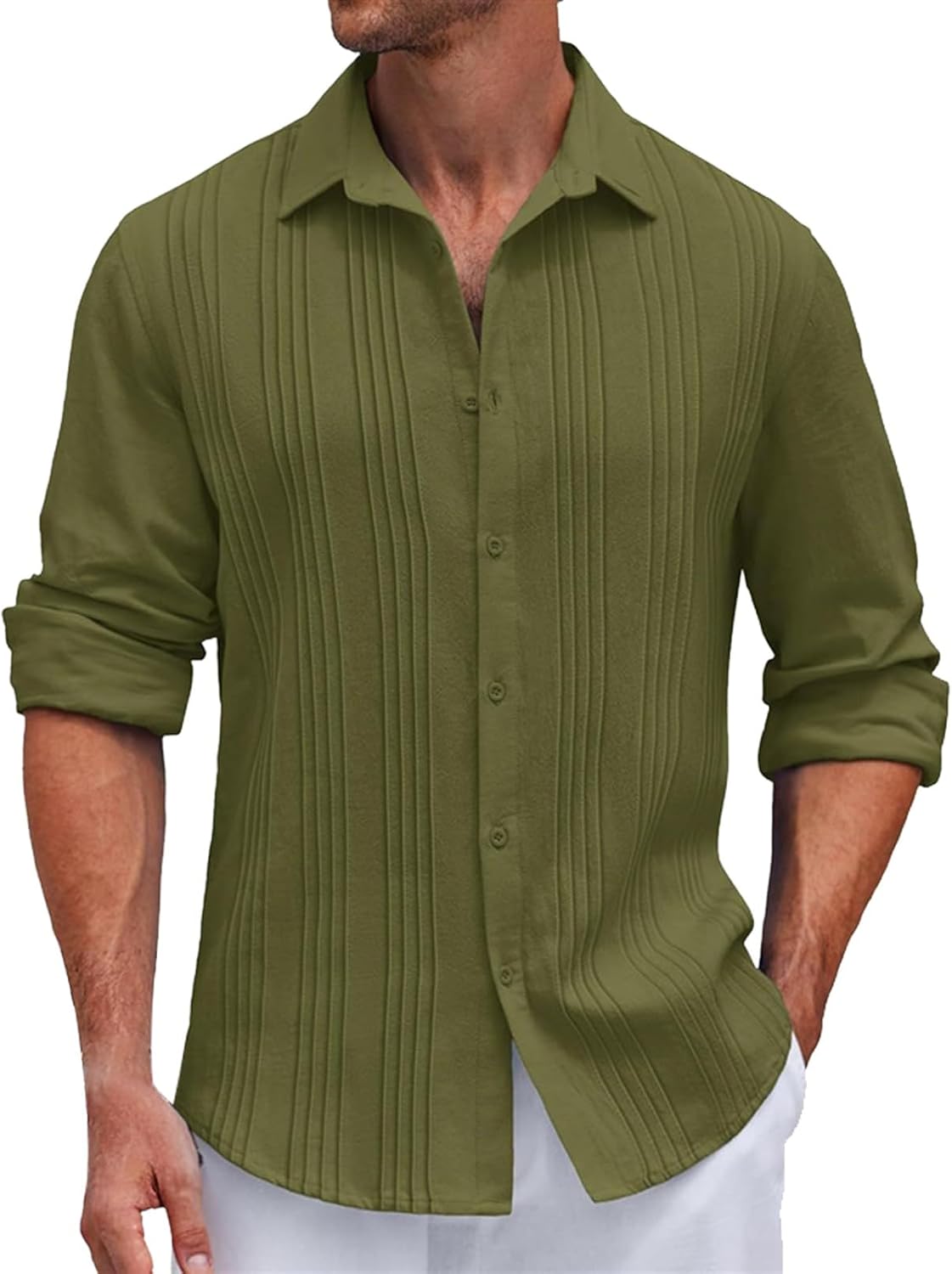 Chemise Homme Décontractée Unie à Manches Longues - Idéale Pour La Plage, Les Vacances, Style Habillé Décontracté