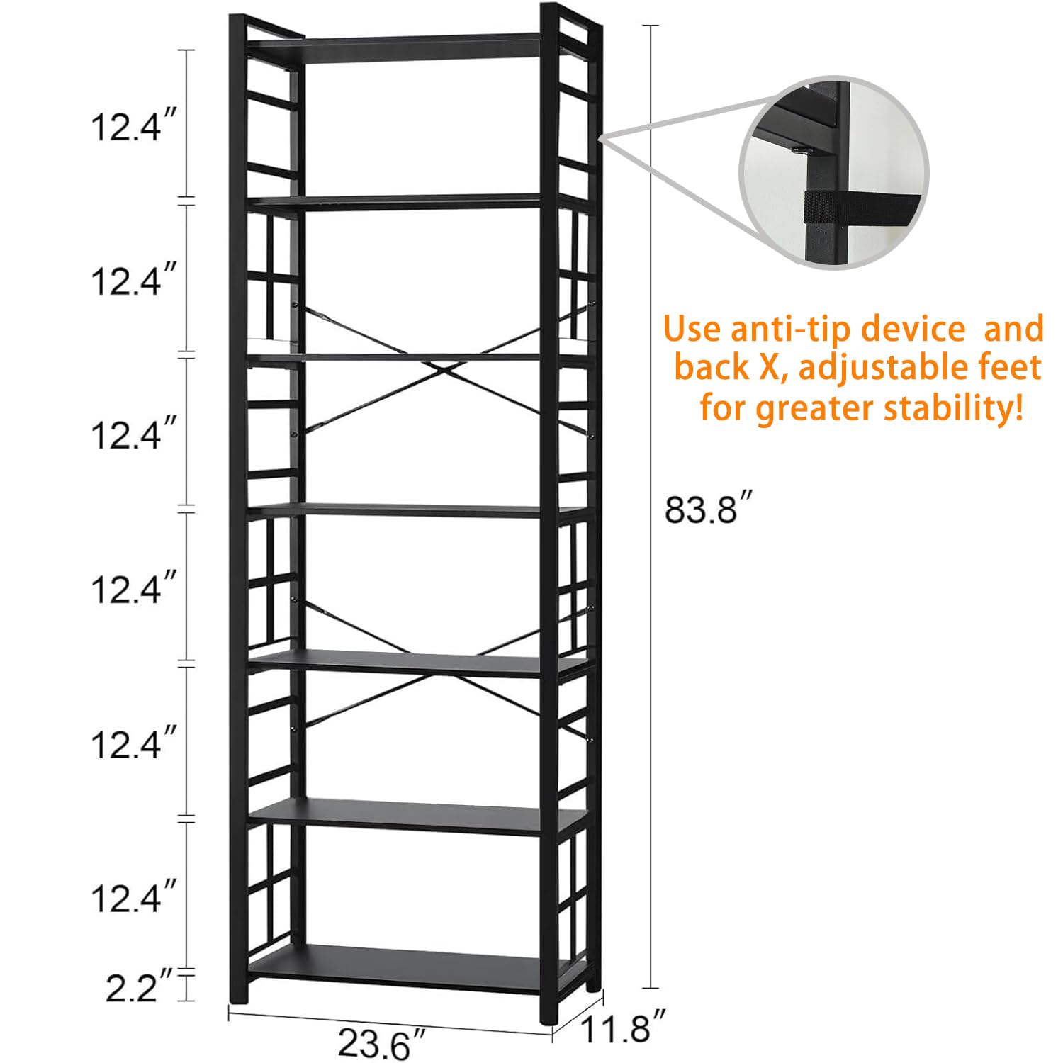 HOMBAZAAR Regał na książki 7-poziomowy, 213 cm, przemysłowy regał z metalową ramą i otwartymi półkami, rustykalny wytrzymały regał na książki do salonu i sypialni, czarny