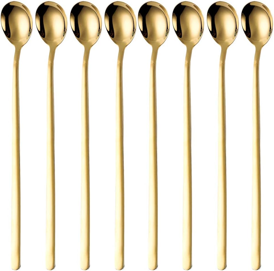 9-Inch Long Handle Spoon 18/10 Stainless Steel Spoon Set Mixing Spoon Ice Cream Spoon Long Spoon Iced Tea Spoon Coffee Spoon Dessert Spoon Milkshake Spoon,Set of 8(Gold Ice spoon)