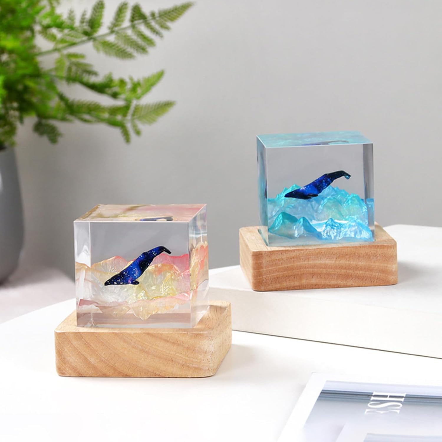 Drawelry Epoxy Resin Multicolor Light Lamp, Handmade Ocean Creative Resin Night Light Decor Wood Base, Whale Ocean Shark Surfer Lamp Desktop Decor Christmas Birthday Gift (Whale-Blue)