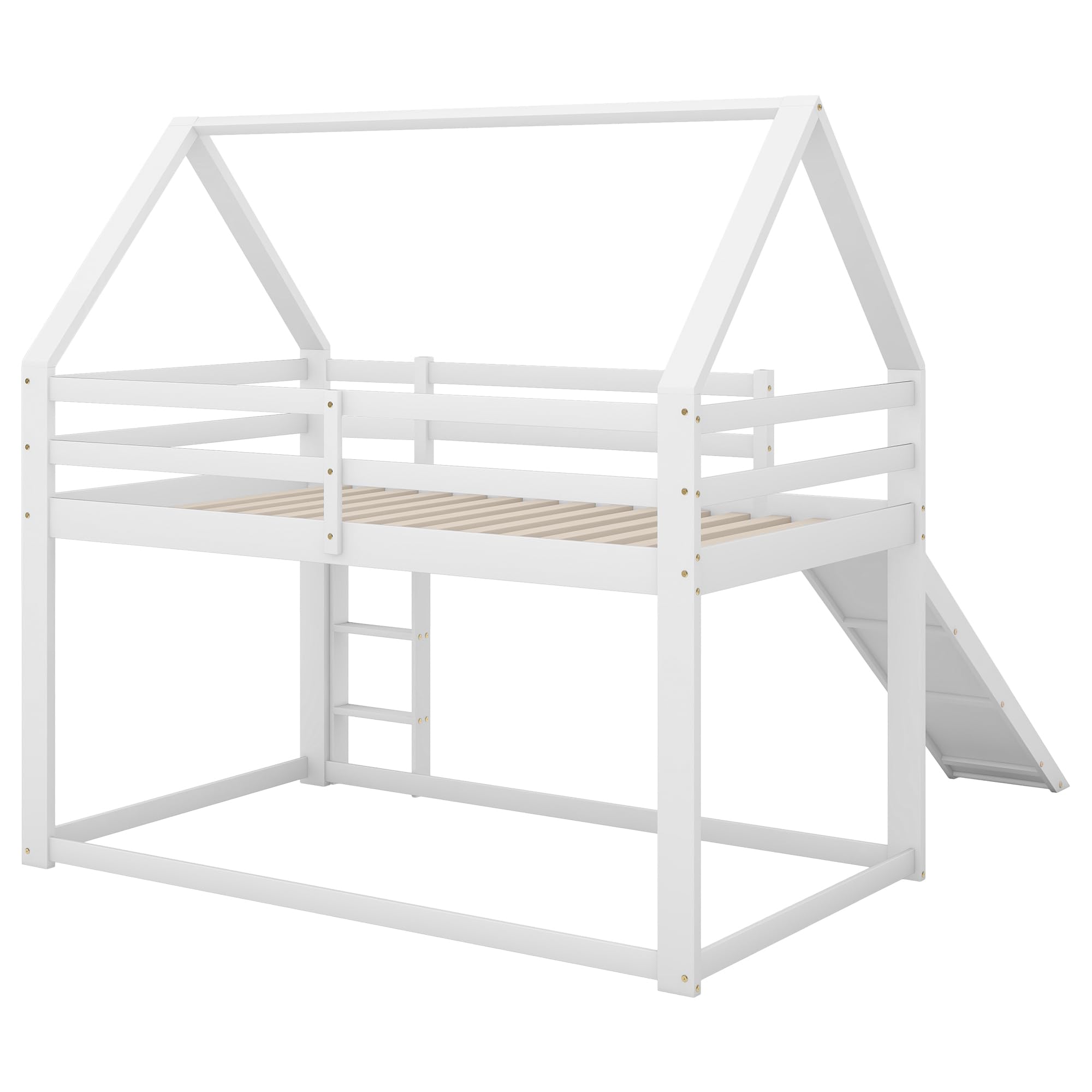 Cama infantil de 90 x 200 cm, litera con 2 camas para dormir, somier, escalera y tobogán, cama de madera de pino, incluye protección anticaída (blanco, 90 x 200 cm)