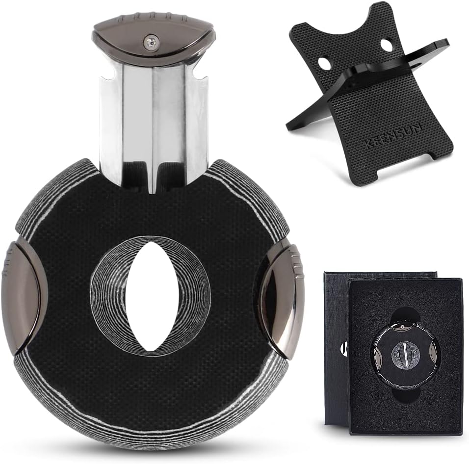 KEENSUN Round G10 V-Cut Cigar Cutter (Red and Black Texture),60 Ring Gauge, Ergonomic Design with Secure-Lock,2 Pack Set with Gift Box (Cigar Cutter and G10 Cigar Holder)