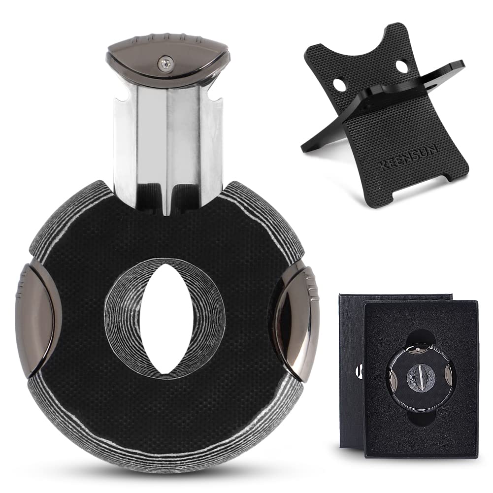 KEENSUNRound G10 V-Cut Cigar Cutter (White and Black 3D concave and convex surface),60 Ring Gauge, Ergonomic Design with Secure-Lock,2 Pack Set with Gift Box (Cigar Cutter and G10 Cigar Holder)