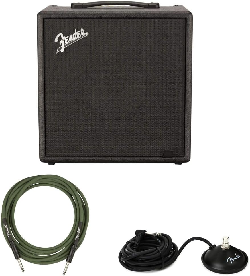Fender Rumble LT25 Bass Amplifier Bundle with Fender Joe Strummer Instrument Cable, Straight/Straight, Drab Green, 13ft, Fender 1-Button FootSwitch