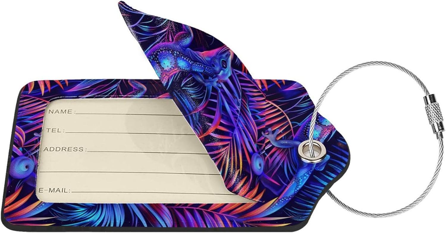 2 Pack Neon Gecko Palm Leaves Luggage Tags for Suitcases, Leather Baggage Tag with Loop, Funny Cool Name Id Card Cover Travel Bag Labels Set for Women Men Boys Girls Kids image 2