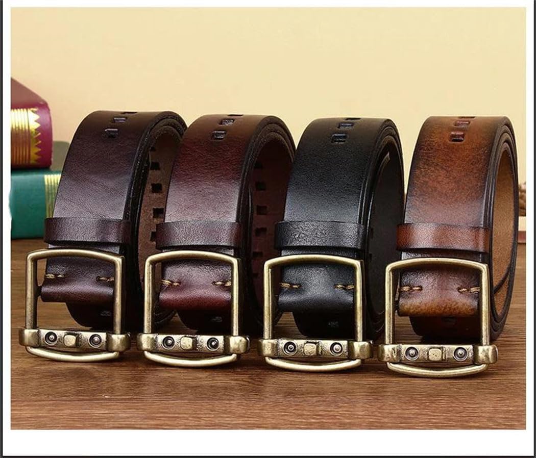 Men's Leather Belt - 3.8 cm Solid Cowhide with Brass Buckle, Classic Western
