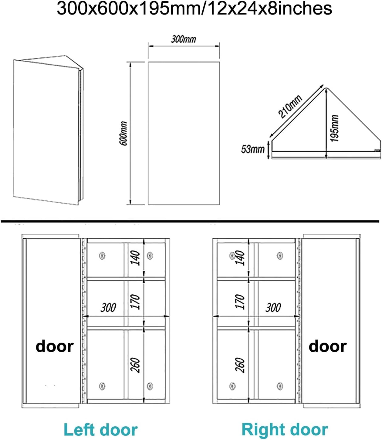 24 Inch Wall Mount Corner Medicine Cabinet with Mirror, Corner Wall Mount Medicine Cabinet with Glass / Mirror Door, Brushed Stainless Steel Bathroom Storage ( Color : Brushed thickened , Size : Open