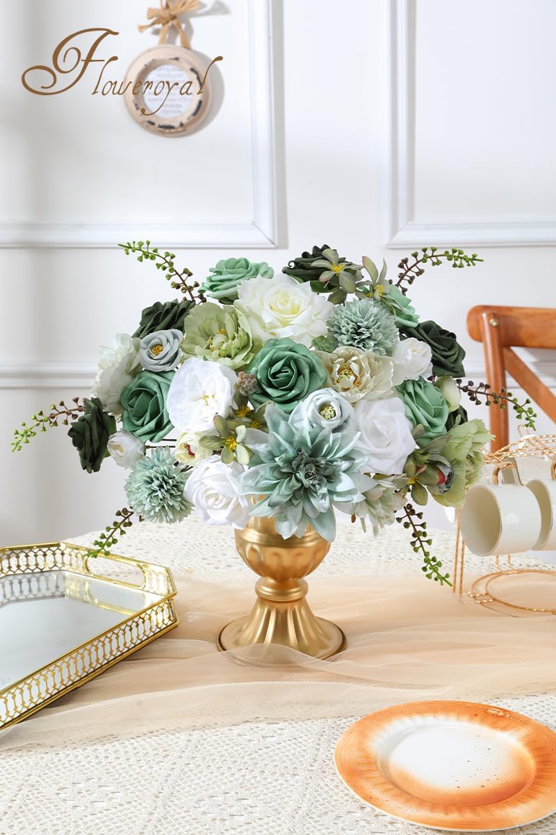 Floweroyal Artificial Flowers Combo Green Flowers Mix Silk Flowers Dahlia Roses with Stems for DIY Wedding Bridal Bouquets, Baby Shower, Floral Arrangement, Table Centerpieces, Home Decorations. - Image 3