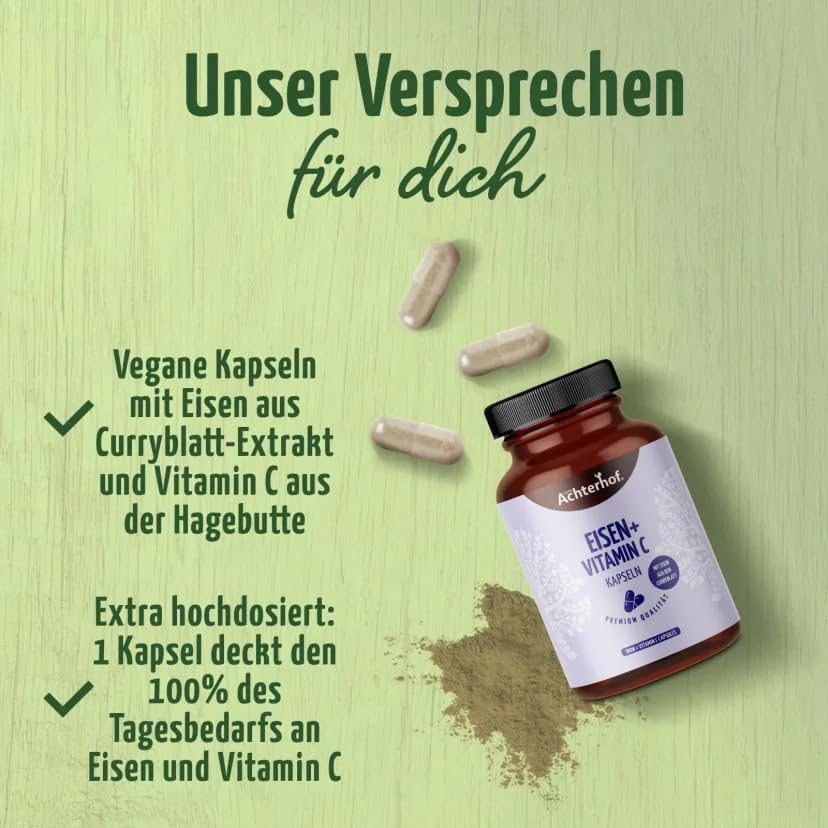 Eisen Kapseln 180 Stück | Eisen aus Curryblatt-Extrakt | Vitamin C aus der Hagebutte | 100% vegan | vom Achterhof