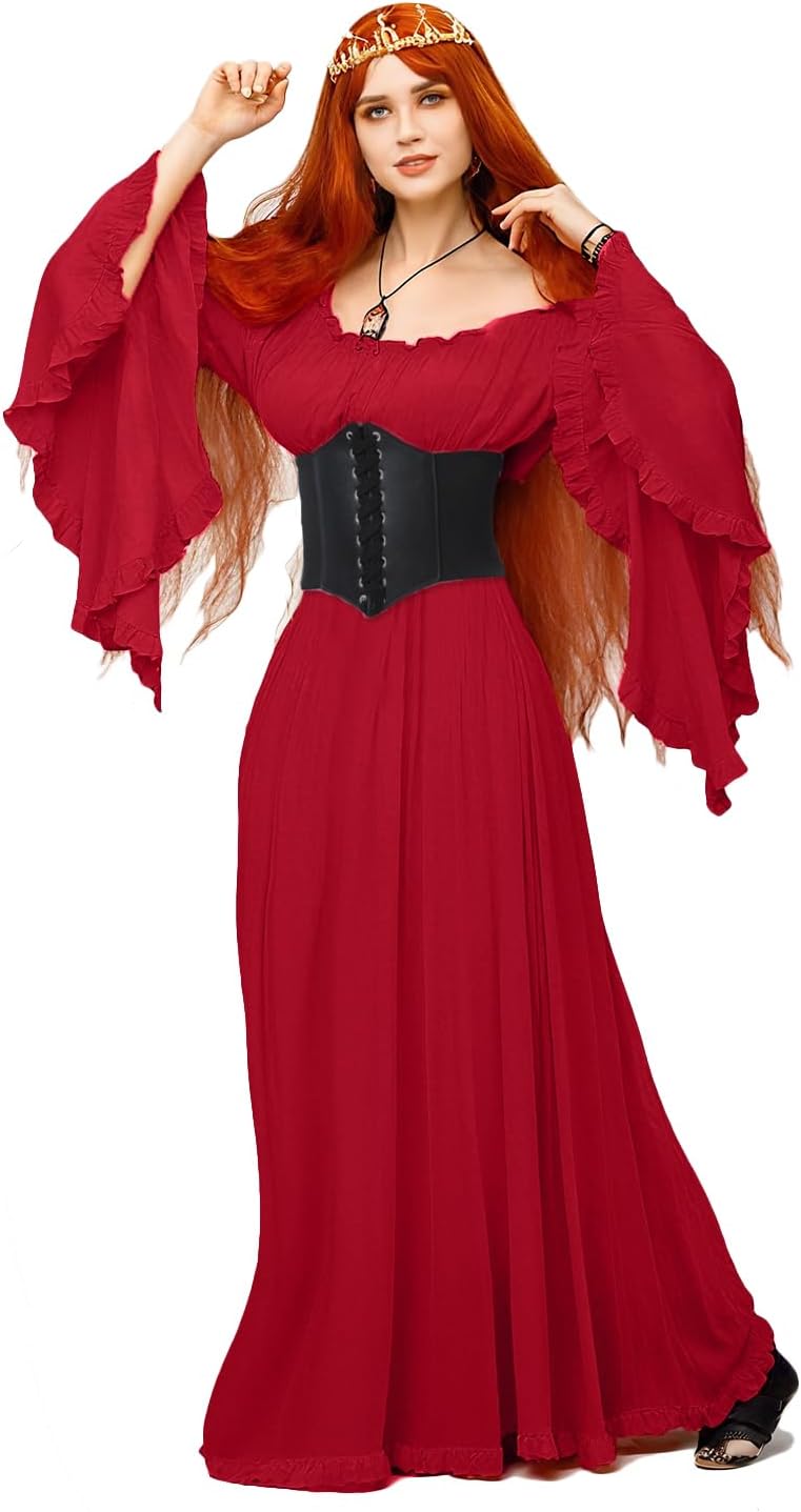 BITSEACOCO Women Renaissance Fairy Chemise Dress Victorian Costumes Halloween Cosplay Medieval Witch Princess Dresses