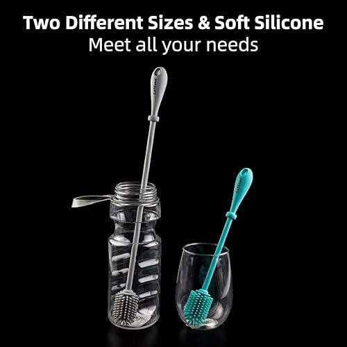 Vista 5 de LeMuna Cepillo de silicona para botellas, juego de cepillos limpiadores de botellas de agua con cepillo para popote para contenedores de cuello