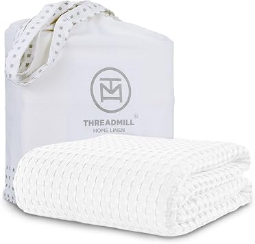 Threadmill Cooling Cotton Waffle Queen Size Blanket | Lightweight Summer Blanket for Hot Sleepers | Rayon Derived from Bamboo | Luxury Throw for Bed, Couch & Sofa | 106 x 92 Inches | Whitee