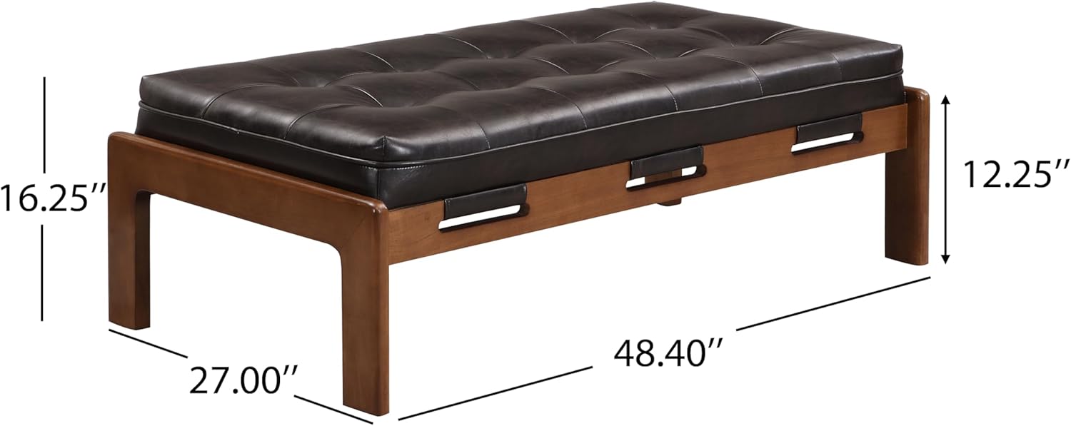 Christopher Knight Home Penley Modern Rectangular Faux Leather Upholstered Living Room Ottoman Bench/Coffee Table, Rubberwood Frame, Tufted Large Sofa Footstool, Multi-Functional, Dark Brown+Walnut
