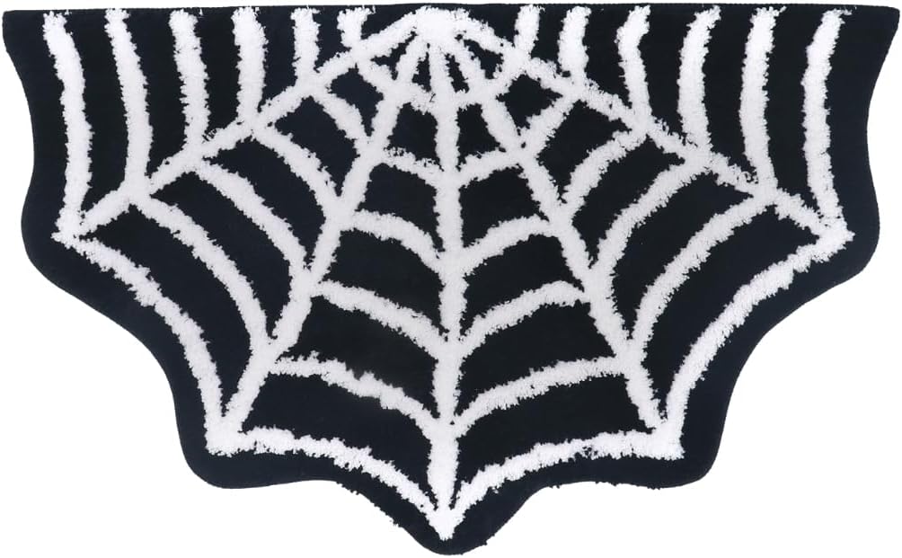 Spider Web Bath Mat - Black & White Gothic Bathroom Rug, Non-Slip Quick Dry Microfiber, Soft Plush for Halloween Decor & Goth Home, Machine Washable, 32" x 20"