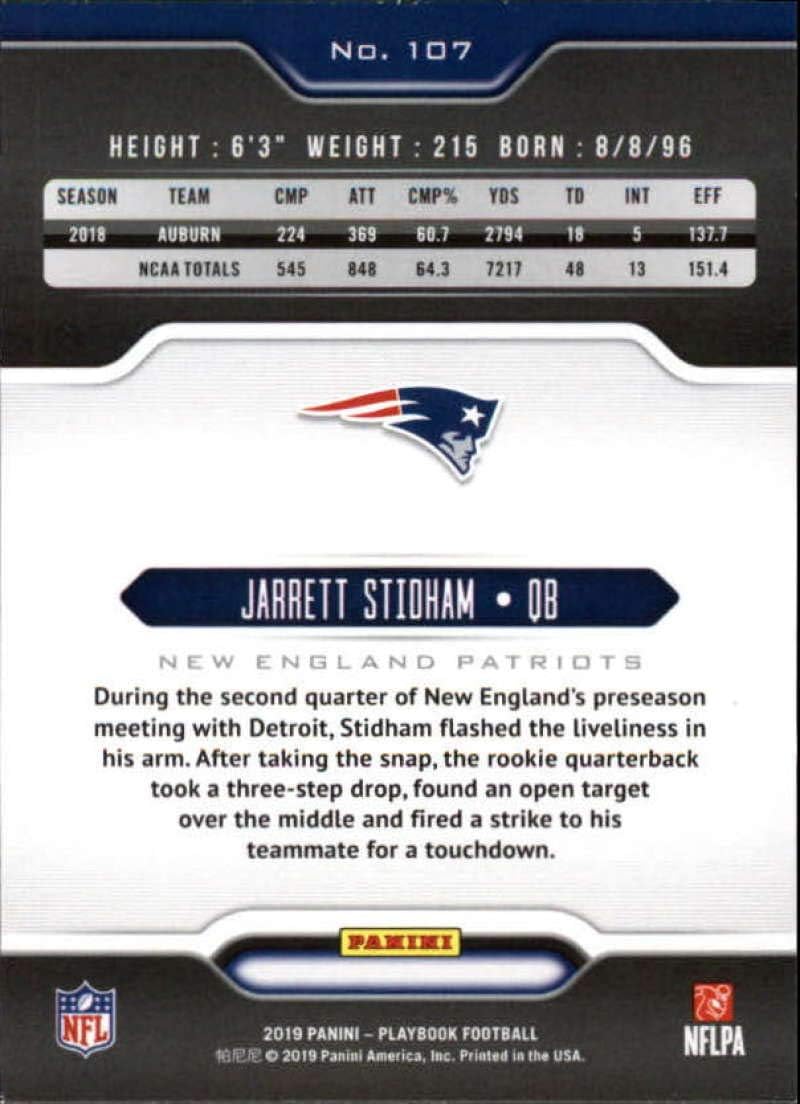 2019 Panini Playbook Orange #107 Jarrett Stidham New England Patriots RC Rookie NFL Football Trading Card