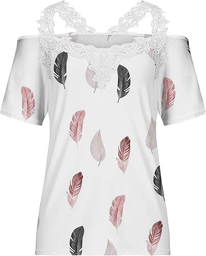 Miniatura 4 de Cold Shoulder Tops for Women 2023 Summer Short Sleeve Lace V Neck T Shirts Elegant Casual Floral Printed Blouse Tunics