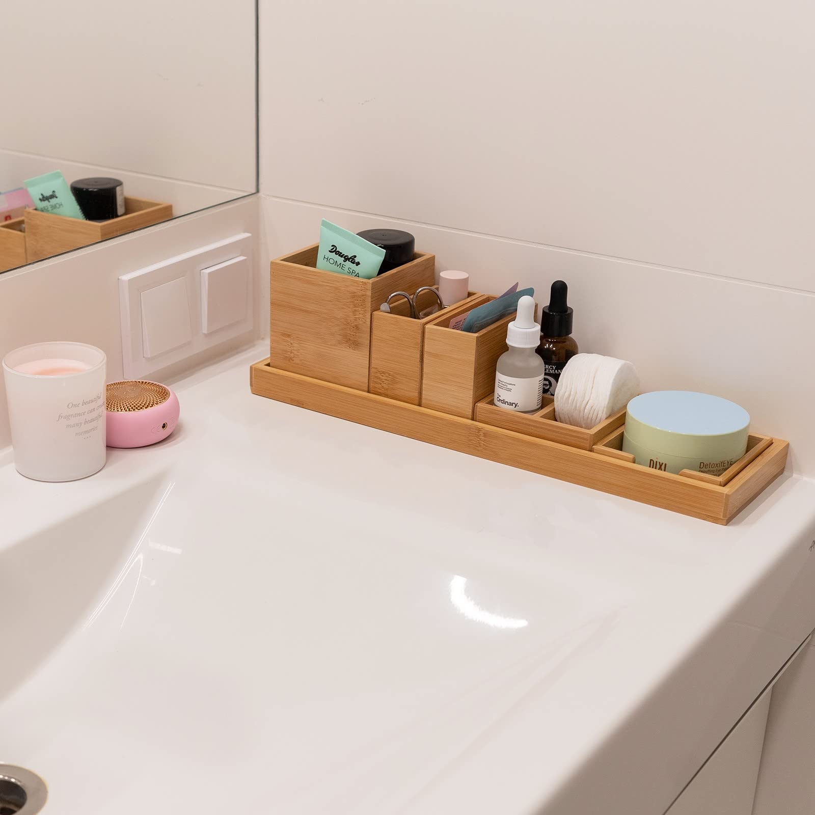 Bambus Badezimmertablett Set, 6-teilig verstellbares Schminktisch & Toilettentank Tablett, Kosmetik Organizer, Stifthalter, Bürobedarf, DIY-Dekoration