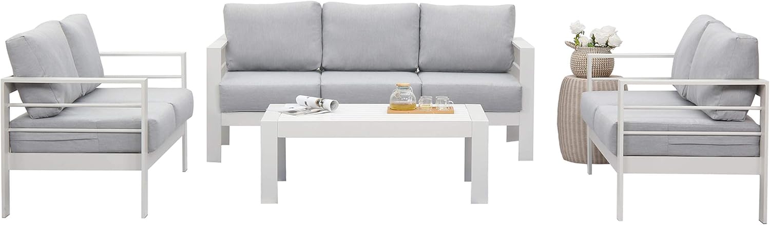 Wisteria Lane Aluminum Outdoor Patio Furniture Set, Modern Patio Conversation Sets, Outdoor Sectional Metal Sofa with 5 Inch Cushion and Coffee Table for Balcony, Garden, Light Grey : Patio, Lawn & Garden