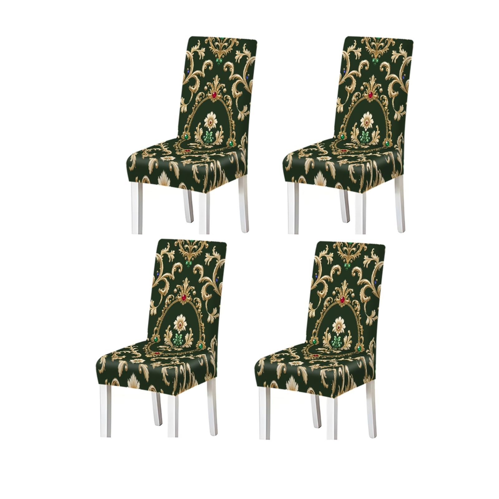 BOSUYBN Dark Green Gold Baroque Jewel Print Stretch Dining Chair Covers For Kitchen Dining Living Room Luxury, 2/4/6PCS Furniture Protectors for Home Dining Room(4PCSChair cover)