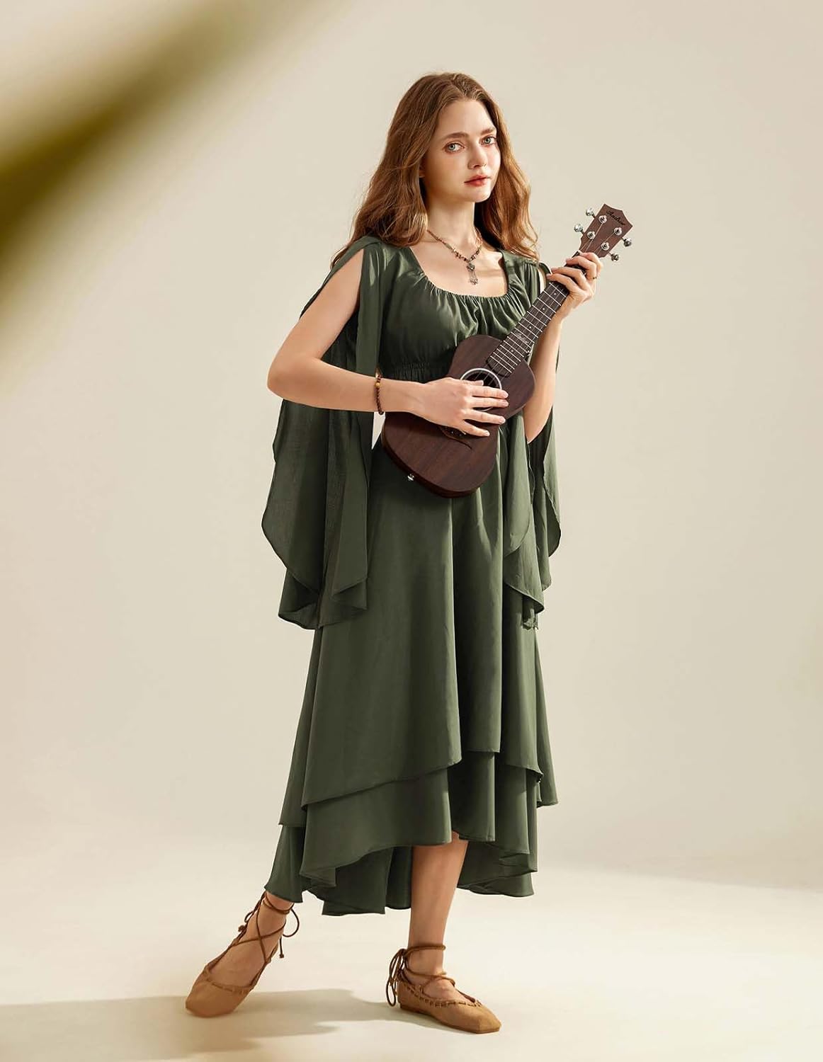 Scarlet Darkness Women Renaissance Costume Split Bell Sleeve Double Layered High Low Dress - Image 3