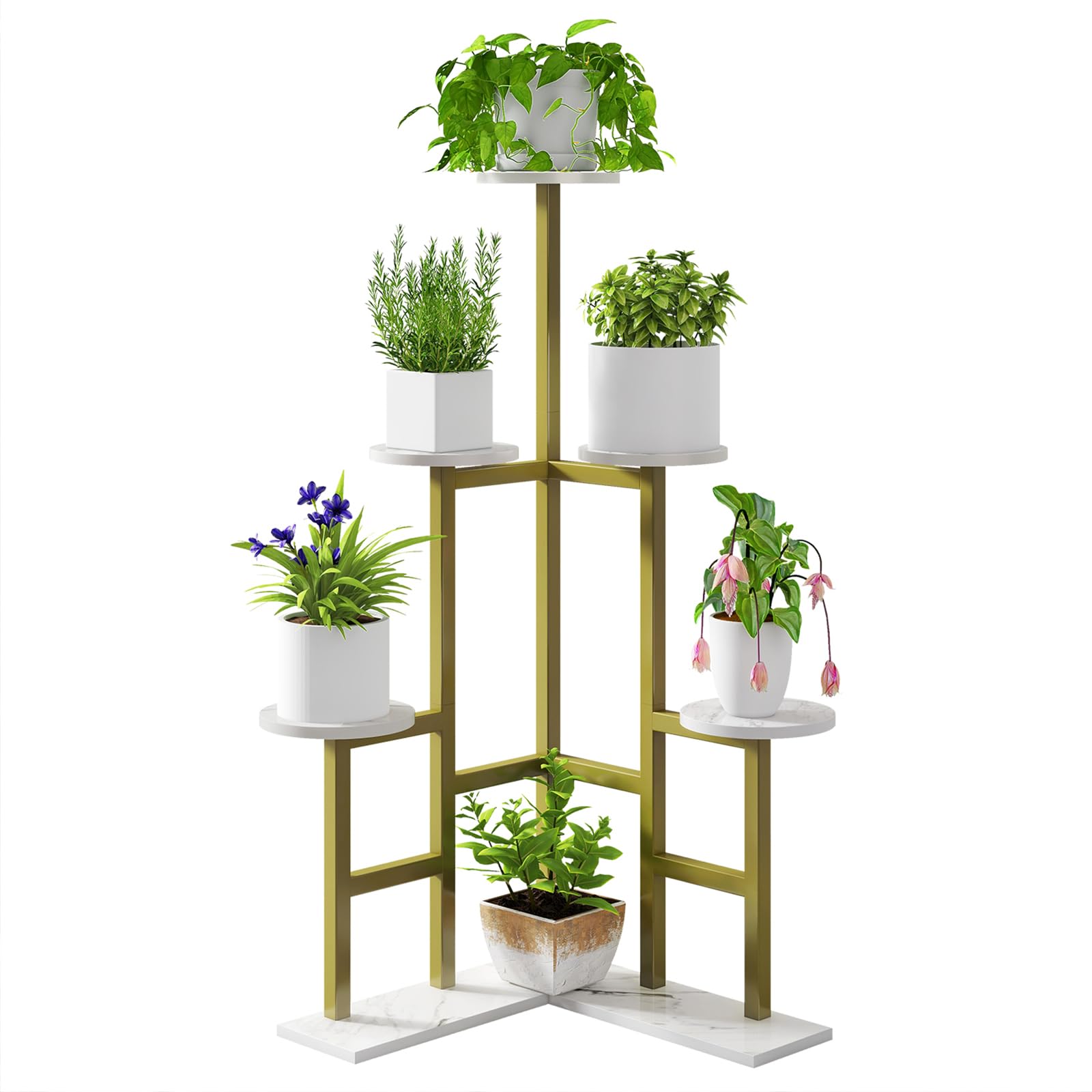 IBUYKE 6 Niveles Estanteria para Plantas de Madera, Soporte Plantas Interior de 108cm de Alto para Múltiples Plantas, Soporte Macetas para Plantas para Jardín Interior Balcón, Dorado TMJ072G