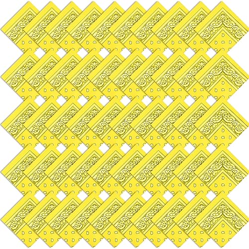 Tarpop 50 Pcs Bandanas Paisley Cowboy Polyester Bandanas Bulk Multi Purpose Headband for Men Women Party Costume (Yellow)