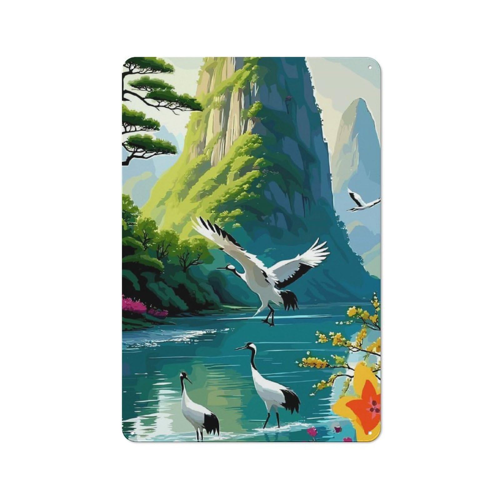 Junmoney Japanese Cranes In Mountain Landscape Decorative Tin Sign 30X20cm, Old Fashioned Old Style Wall Plaque For Lounge, Study, Pub Or Wall Gallery