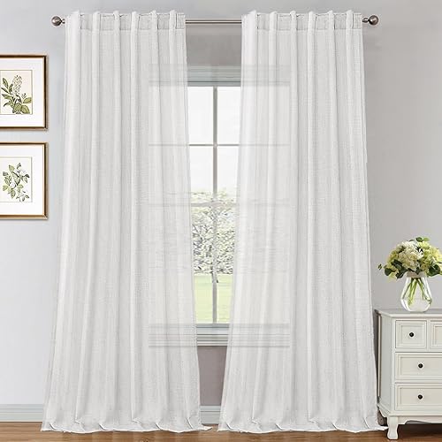 FantasDecor Cortinas de lino blanco de 84 pulgadas de largo para sala de estar, con pestaña trasera, bolsillo para barra, cortinas de lino con