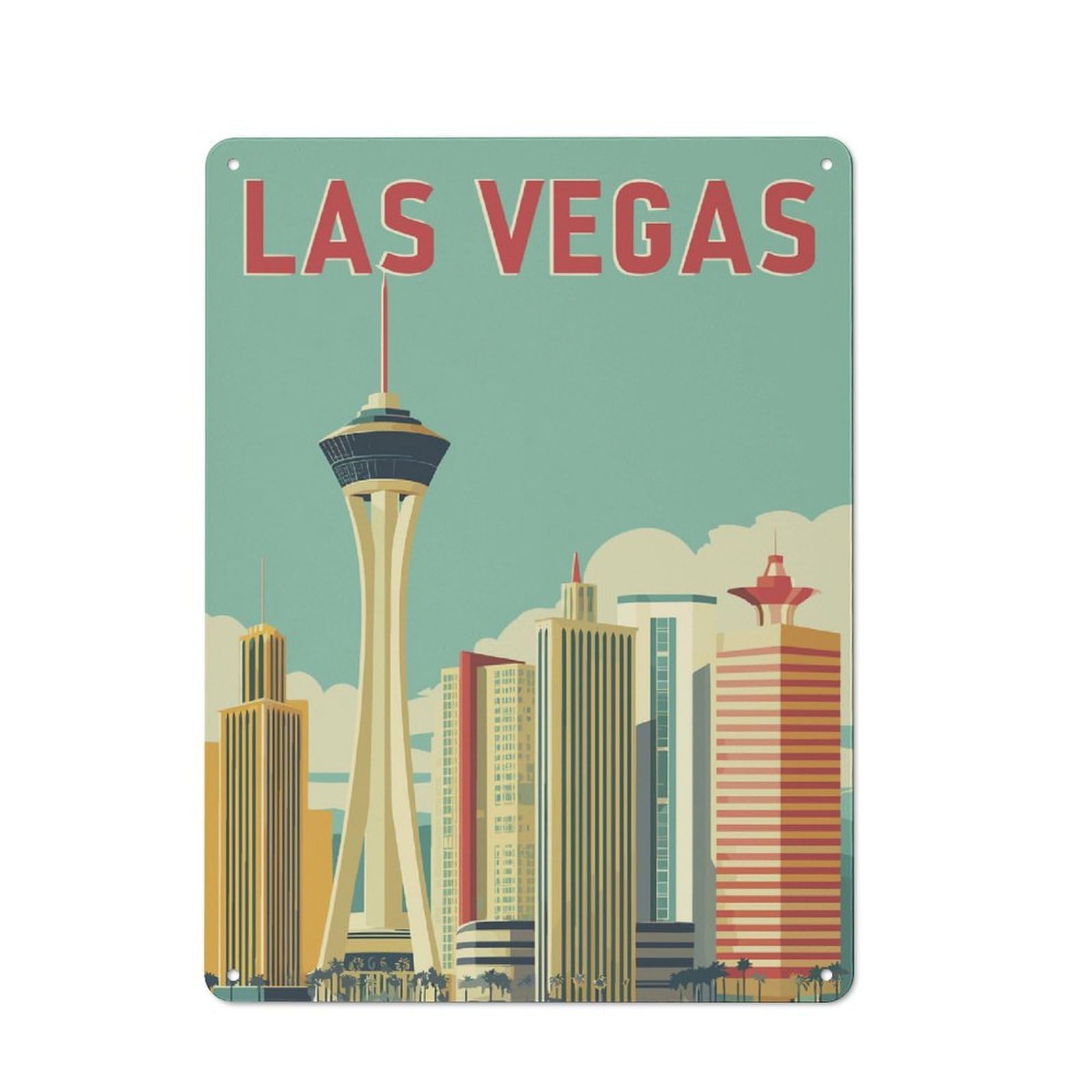 Junmoney Style-6 Simple Retro Las Vegas Cityscape Retro Metal Desk Wall Sign 40X30cm, Studio Wall Plaque For Workspace, Cafe, Shop Or Desk Area