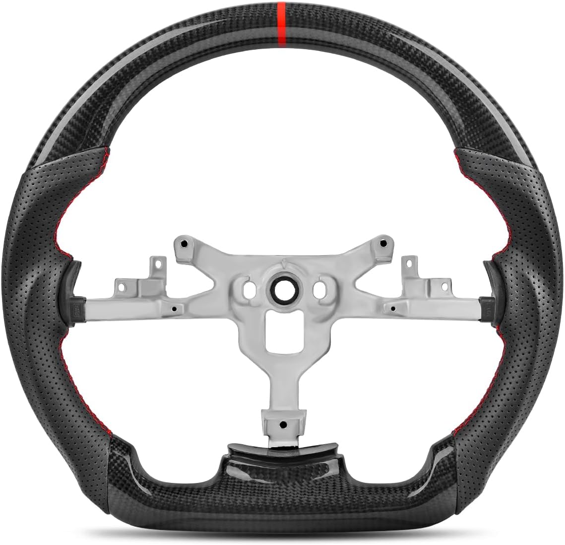 Carbon Fiber Style Steering Wheel for Chevy Corvette C6 2006-2011 Z06 Grand Sport ZR1, Red Stripe Red Stitching, Hydro-Dip High Gloss Flat Bottom, Interior Replacement Thicker Grip