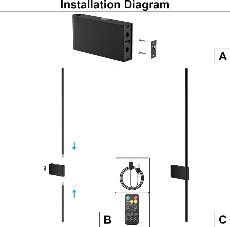 Aipsun set 2 aplice LED cu baterii și telecomandă, negru, 100 cm, 10000mAh, 6W, 3 temperaturi de culoare, temporizator, pentru living, dormitor, hol