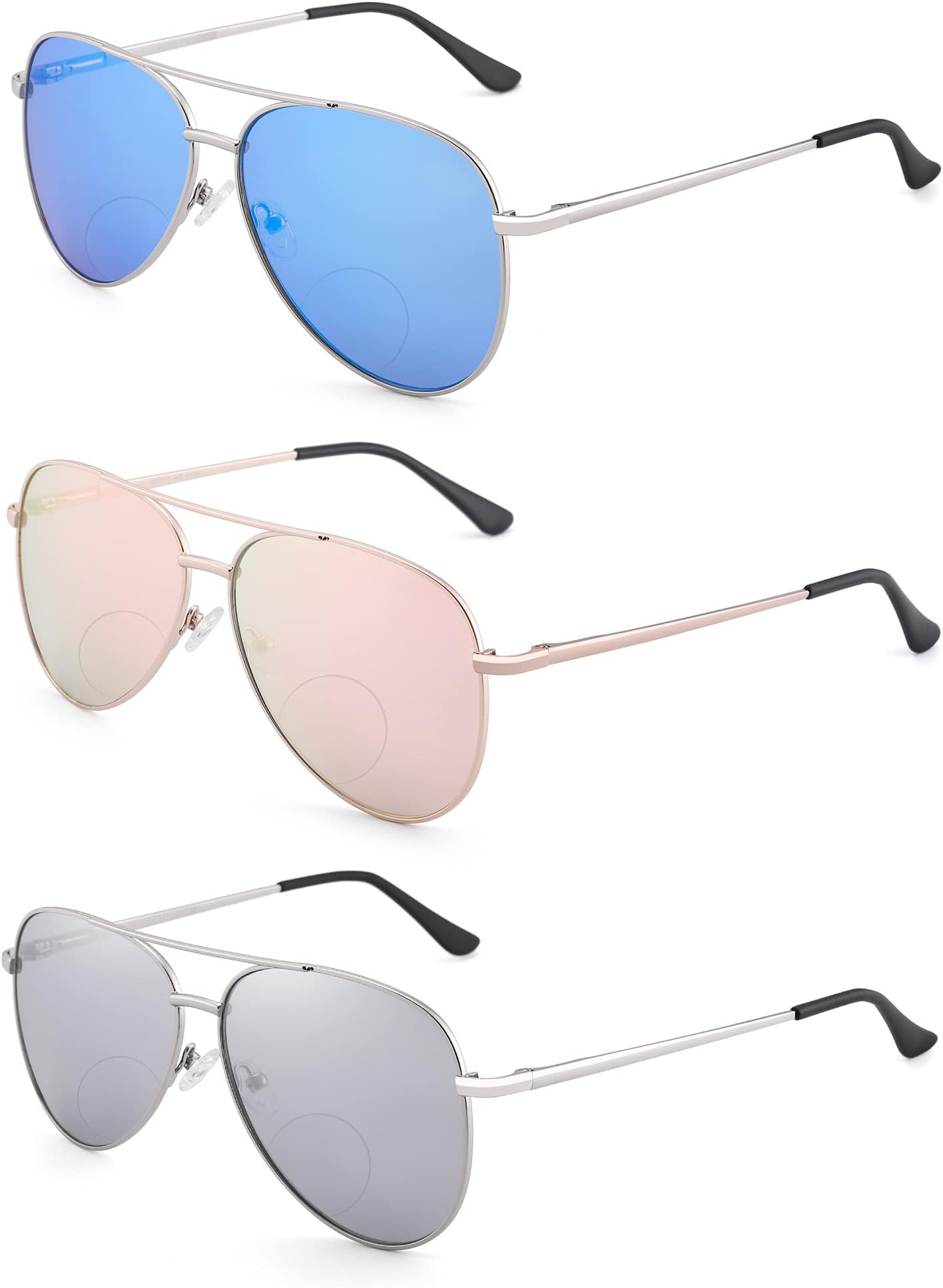3 Pack Bifocal Reading Sunglasses for Women Men, Aviator Sun Readers Glasses Mirrored Shades UV400 +2.0
