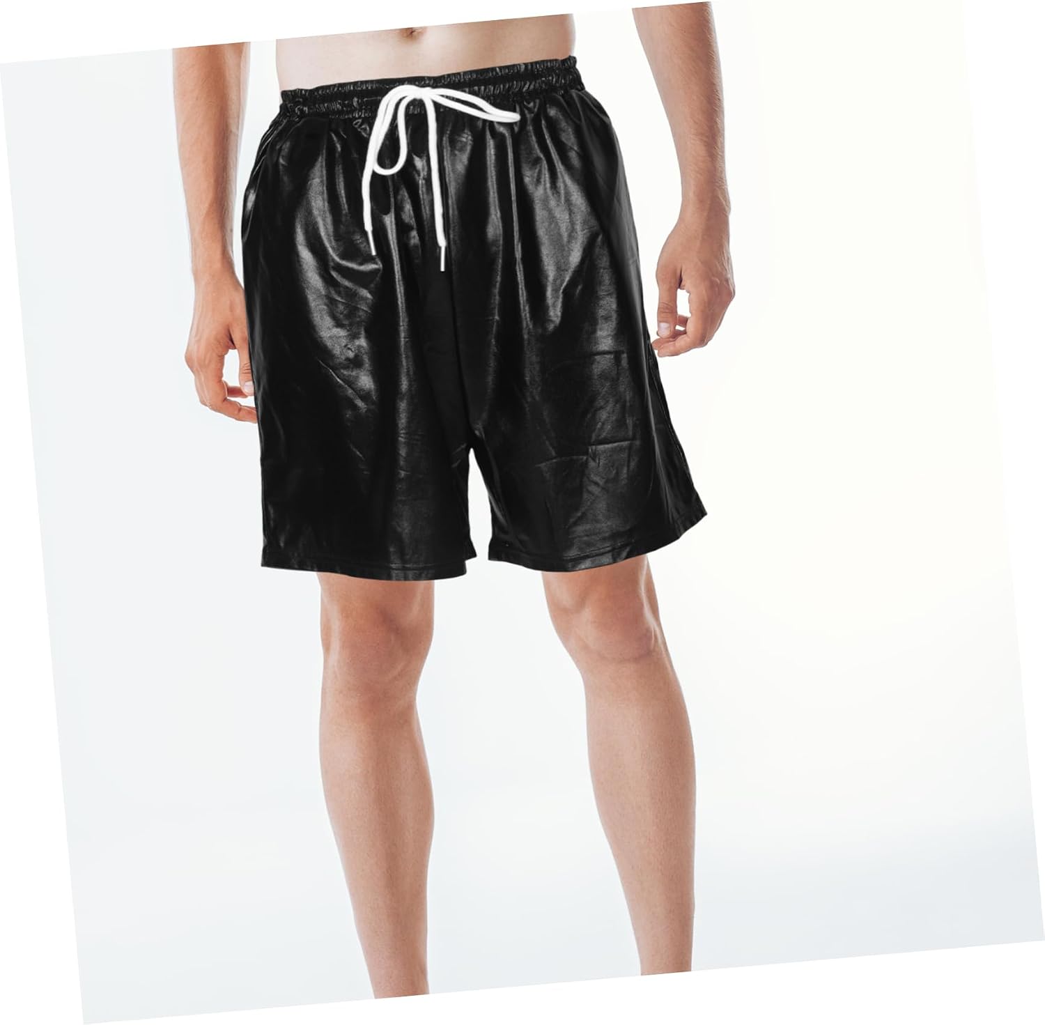 CALLARON Disco Mens Costume Pants Rave Party Shorts Men's Shiny Leather Look Pants Black