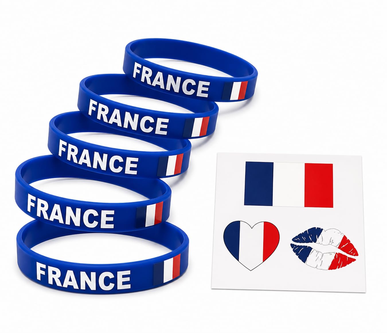 Kit Bracelets France Lot de 5 – Bracelet Silicone Bleu Drapeau Français + Tatouages – Supporter Coupe du Monde, Football, 14 Juillet, Bleu Blanc Rouge