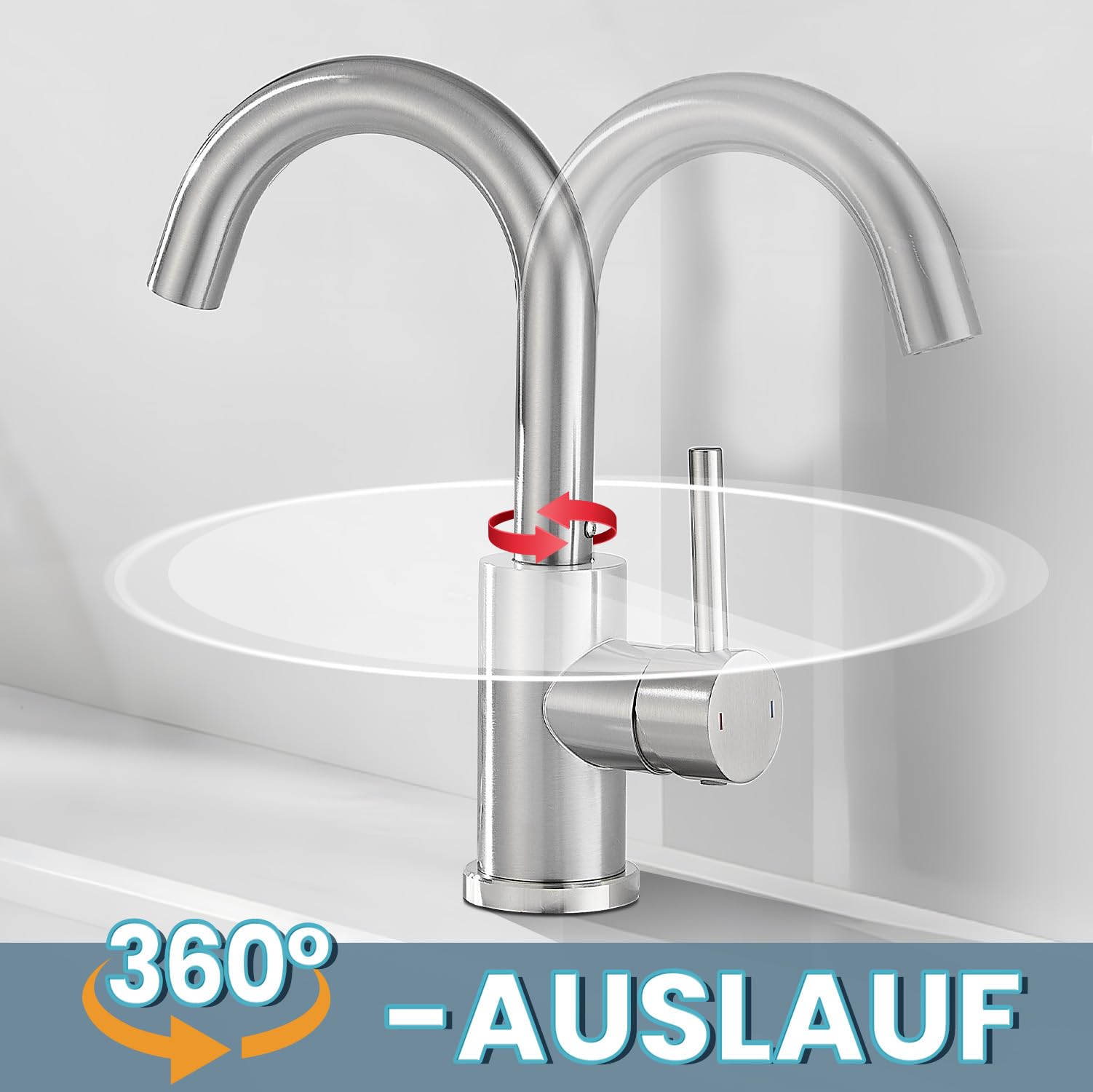 Grifo de baño de dos piezas, grifo de baño/cocina pequeño, giratorio 360°, monomando, grifo de lavabo de acero inoxidable cepillado