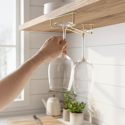 Miniatura 18 de Juego de 2 estantes para copas de vino de 24 pulgadas, acabado de latón, estante para colgar debajo del gabinete, soporte para copas de vino,