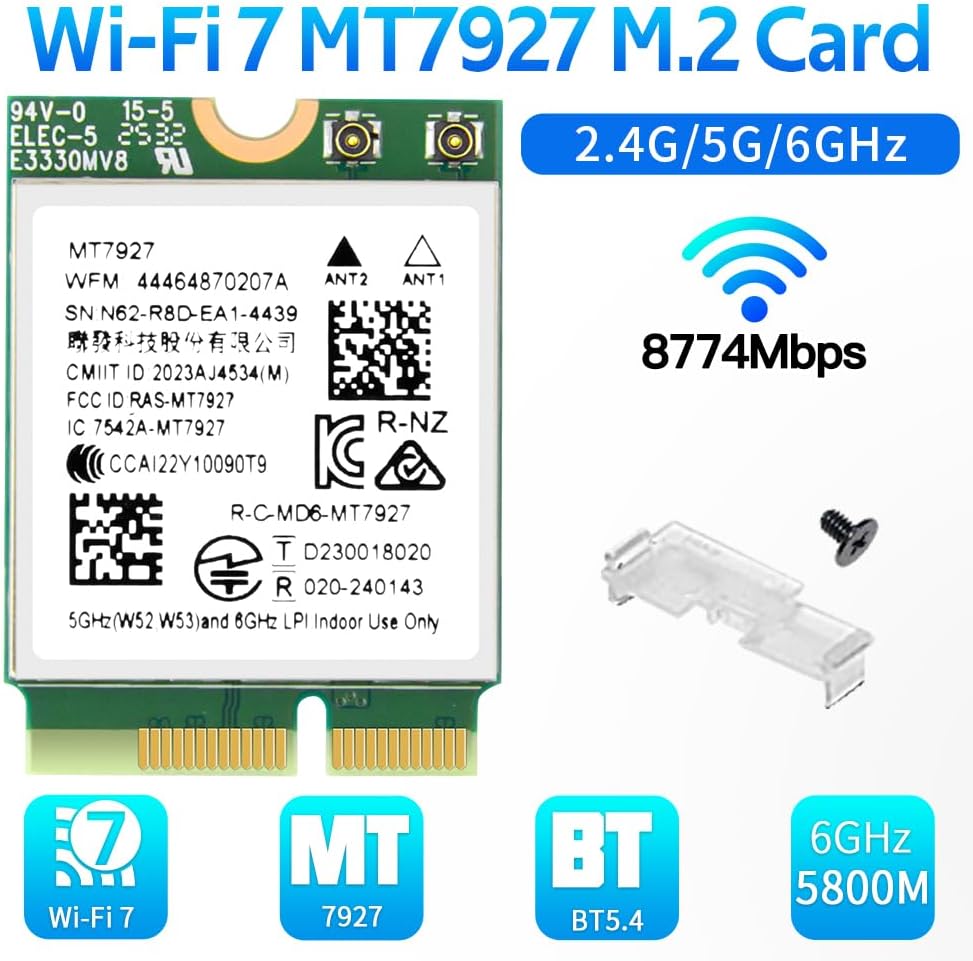 MT7927 WiFi 7 Card Tri-Band 802.11be Wireless Adapter, 2.4/5/6GHz with Bluetooth 5.4 MU-MIMO, WPA3, M.2 Key E for Windows 11 PC Laptop, Compatible with Intel & AMD Motherboard
