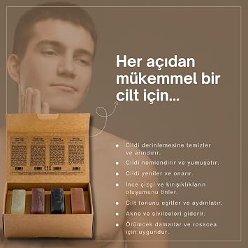 Dionesse Natural Clay Soap Set for Men - 4x120 gr - Organic & Handmade - Sulfate-Free Soap Supported with Rich Minerals - For Skin and Hair Care