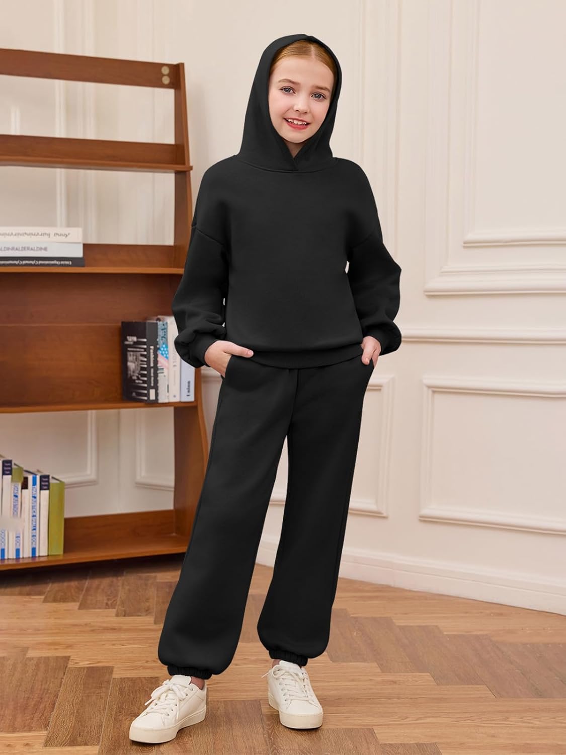 Haloumoning Girls 2 Piece Outfits Kids Oversized Fleece Hoodie Sweatshirt and Sweatpants Fashion Clothing Sets - Image 5