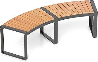 Tangkula Patio Curved Bench, Acacia Wood Fire Pit Bench w/Slatted Seat &...