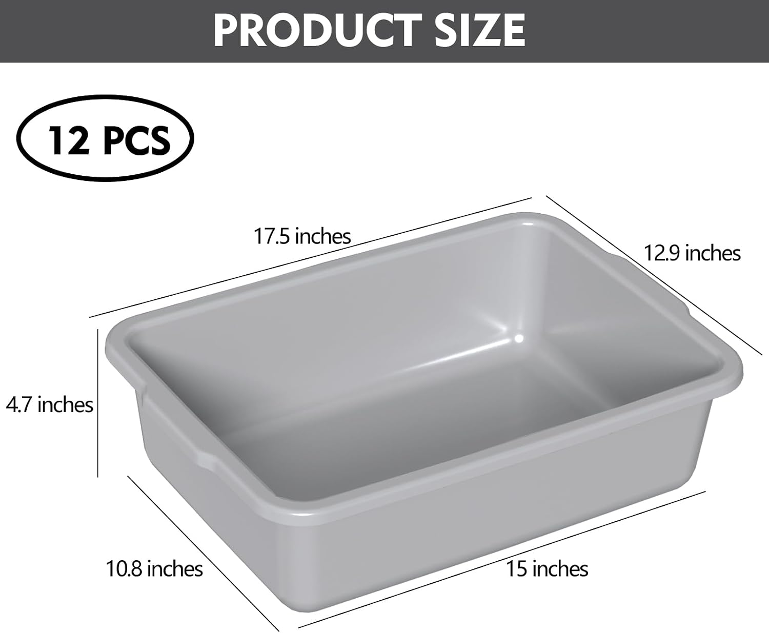 Commercial Bus Tub, 13 Liter Plastic Bus Box, Set of 12, Gray