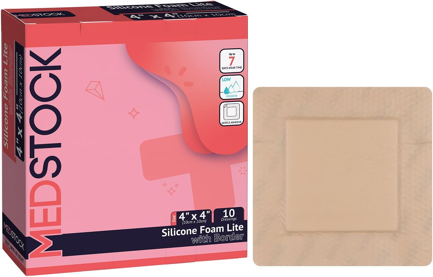 MEDSTOCK Silicone Foam Lite Dressing with Border, 4"x4" (Pack of 10), Comfortable Healing for Wounds, Waterproof, Gentle & Secure Adhesion