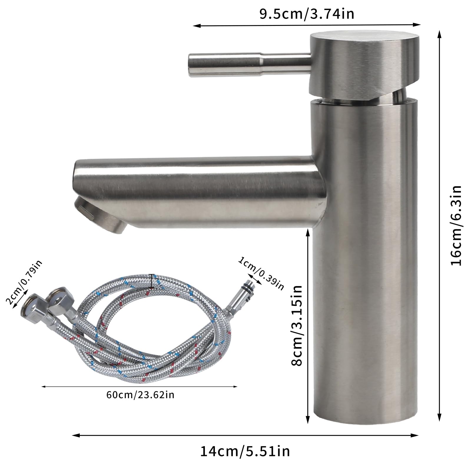 Rubinetto Bagno Lavabo Acciaio Inossidabile 304, Miscelatore Cucina con Tubo Flessibile, Rubinetto Vasca da Bagno, Miscelatore Bagn per Lavandino, WC per Gli Ospiti (Argento)
